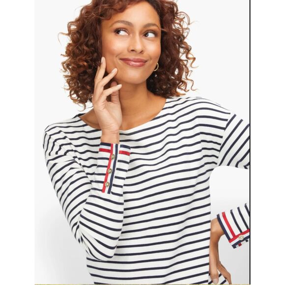 Talbots Tops - Medium Petite Boatneck White Navy Blue Rhone Stripe Talbots Long Sleeve Shirt